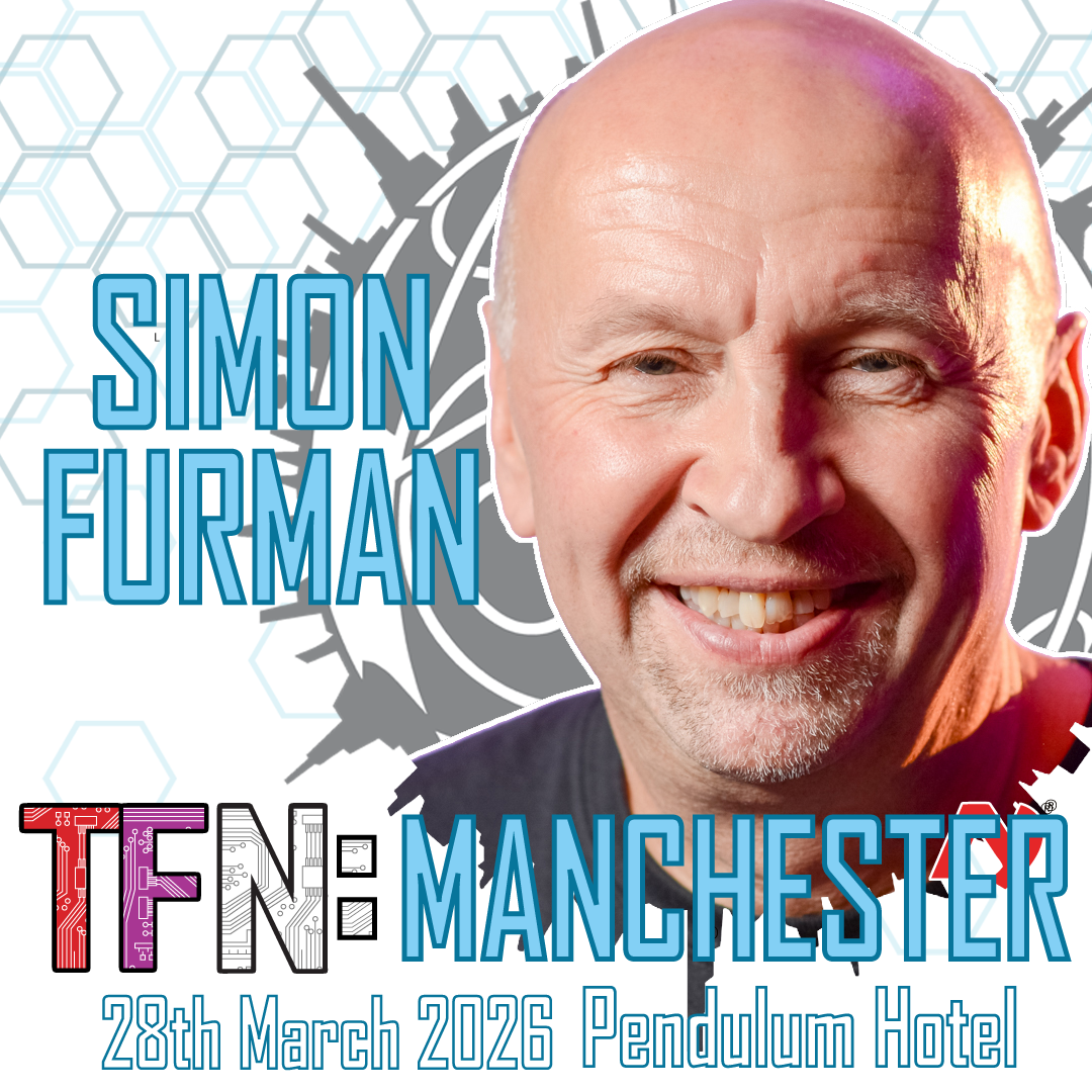 A banner announcing Simon Furman's attendance at TFN:Manchester 2026. The banner include a photograph of Simon.